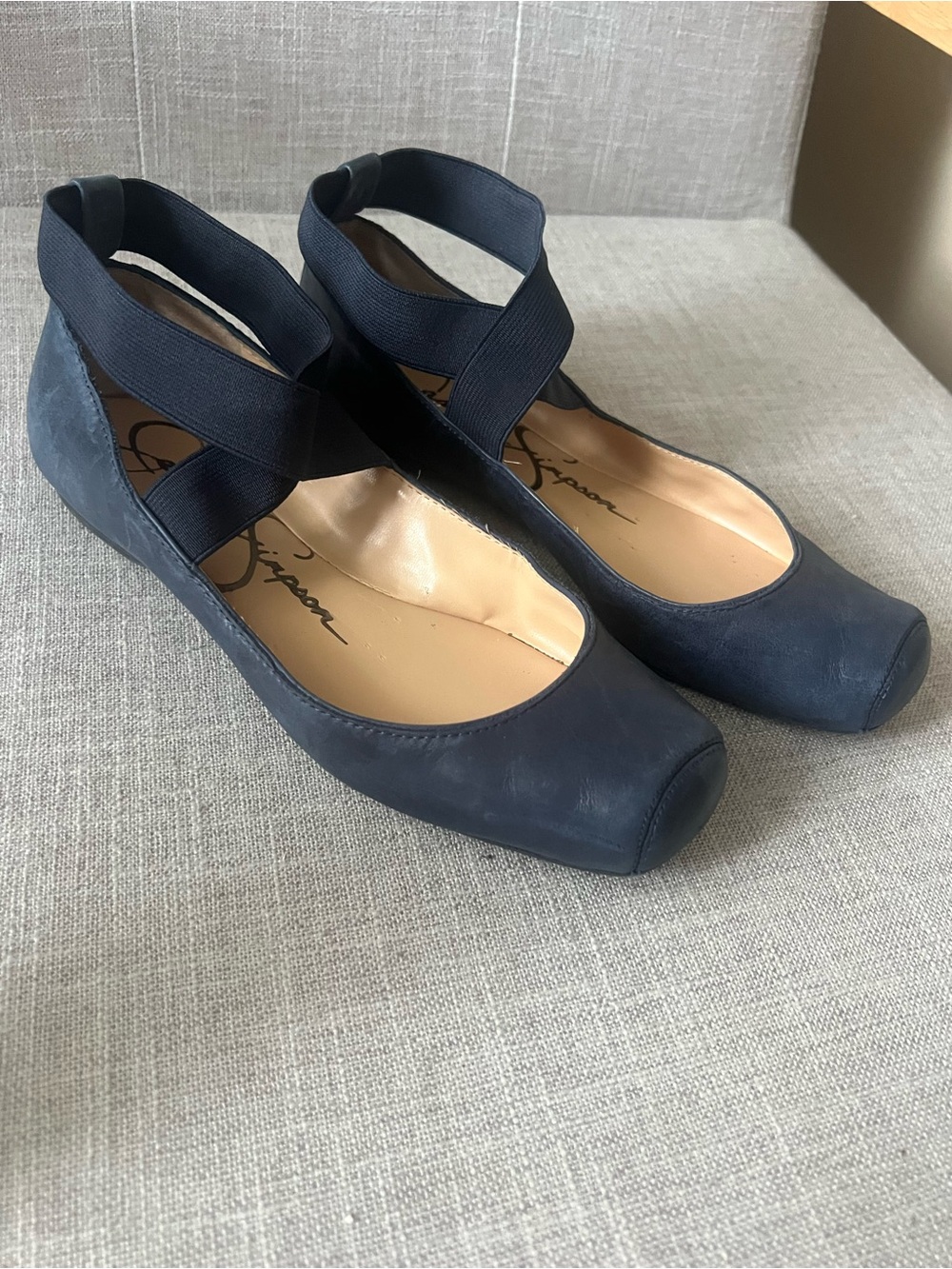 Jessica Simpson Navy Leather Ballet Flats, cross strap, office, casual dressy - Picture 3 of 7